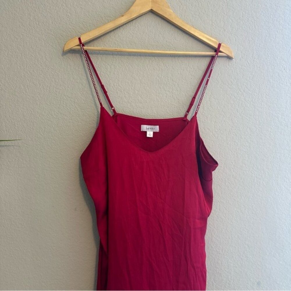 nicole miller red rhinestone strap satin slip dress vivid red midi slit sz large - Picture 4 of 10